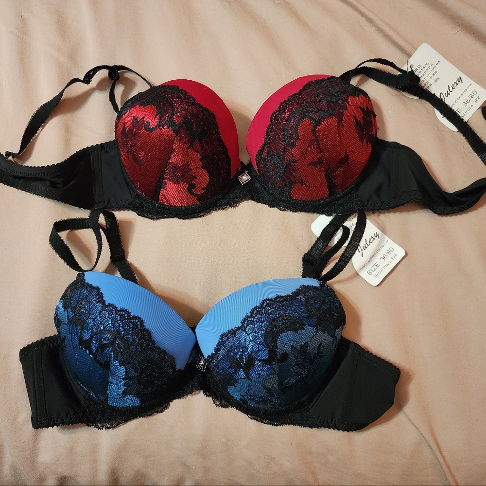 Bundle 2 NWT size 36 C push-up bras, sexy, red black & blue black lace